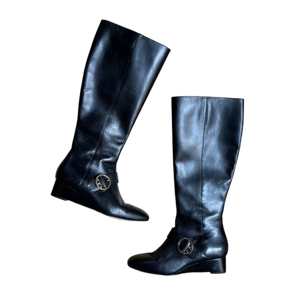 TORY BURCH Sophia Black Nappa Leather Tall Wedge Riding Boots - Picture 3 of 15